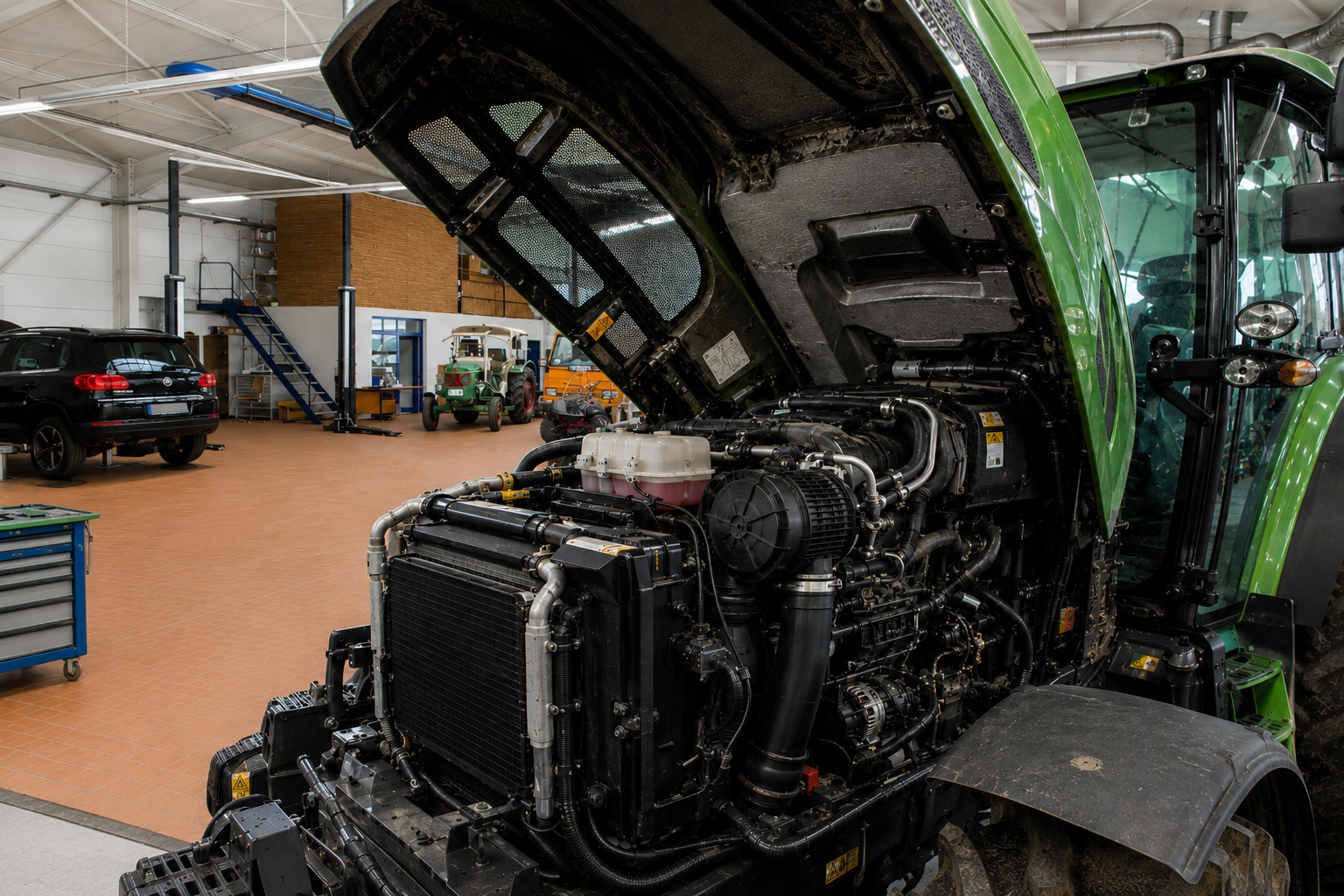 Grüner Traktor mit geöffnetem Motor in der ENZ Werkstatt